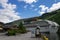 Port in a Flam town with a cruise ship sailing on Narrow Fjord, Norway