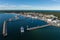 Port hel peniinsula in Poland.. Aerial view of Hel Peninsula in Poland, Baltic Sea and Puck Bay . Hel city .Photo made by drone