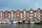 Port of Husum with boats and brick houses