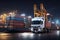 Port logistics by night , Concept ship in port import-export commercial logistic background