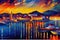 Port at night colorful oil knife painting