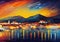 Port at night colorful oil knife painting