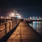 port at Night in Tallinn , on the pier walking people ,romantic couple, cruise ship with blurred lights at sea water
