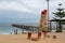 The Port Noarlunga Jetty with the abstract artwork on the foreshore in South Australia on 23rd August 2018