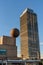 Port Olympic skyscraper with the big sphere sculpture, Barcelona architecture