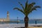 Port of Rethymno with a palm tree. Crete, Greece, Europe.