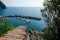 The port of Riomaggiore seen from the cliff, Cinque Terre, La Spezia, Italy