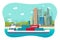 Port sea logistics ship with export containers vector graphic, cargo freight shipping vessel floating near city town illustration