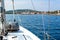 Port of Sucuraj on island Hvar, Croatia, view from yacht. Holiday in Croatia. Ship transportation. Yachting sport