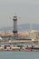 Port, tower of ropeway and city. Barcelona, Spain