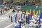 Port town, outdoor restaurant, lots of tourists, colorful sun umbrellas, Vernazza, Cinque Terre, Italy