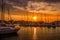 Port view in Capbreton during evening. Beautiful orange sunset. Wallpapers concept