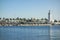 Port view and tower lighthouse, Malaga, Spain.