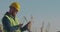 Port Worker With A Beard In A Yellow Helmet Stands With A Tablet PC In The Seaport Against The Background Of Cranes. The Foreman