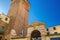 Porta Castello Tower Torre and Gate Terrazza Torrione brick building in old historical city