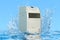 Portable air conditioner with water splashes, 3D rendering