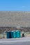 Portable bathrooms lined up in a parking lot in southeastern Washington, USA