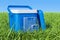 Portable Cool Box on the green grass against blue sky, 3D render