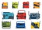 Portable electric power generator icon set. Gasoline generator, emergency equipments. Energy generating backup