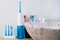 Portable oral irrigator kit in bathroom, waterpik for family use