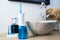 Portable oral irrigator kit in bathroom, waterpik for family use