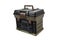 Portable plastic container with opening lid and additional sliding compartments. Fishing or hunting box. Isolate on a white back
