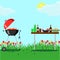 Portable round barbecue with red cap and fire isolated on background. BBQ grill device for holiday, family party. Picnic on grass