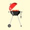 Portable round barbecue with red cap and fire isolated on background. BBQ grill device for picnic, holiday, family party. Vector