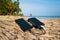 Portable solar panel is on the beach