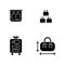 Portable travel essentials black glyph icons set on white space