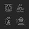 Portable travel essentials chalk white icons set on dark background