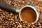 Portafilter on coffee beans background ,roasted coffee beans from coffee roaster,coffee powder in the portafilter,prepare of