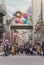 Portal decorated with colorful inflatable balloons motifs at the entrance to Takenoshita Street.