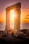 Portara at sunset, ruins of Apollo temple on Naxos island, Greece