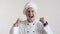 Porter male white chef in costume screams expressively scream looking at the camera