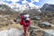 Porters with heavy load after crossing Cho La Pass in Himalayas.