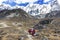 Porters with heavy load after crossing Cho La Pass in Himalayas.