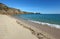 Porthcurno sandy beach shore line, Cornwall UK.