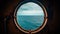 Porthole with ocean view. View of the silent sea surface through a rusty porthole of the ship. Generative AI