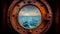 Porthole with ocean view. View of the silent sea surface through a rusty porthole of the ship. Generative AI