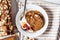 Portion of banana bread with yogurt and figs, white background