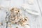 Portion of Dried Mushrooms on wooden background, selective focus