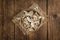 Portion of Dried Mushrooms on wooden background, selective focus