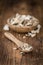 Portion of Dried Mushrooms on wooden background, selective focus