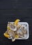 Portion of fresh open oysters with lemon on table