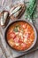 Portion of green lentil tomato soup with toasts