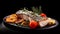 Portion of marinated baked fish presented on a plate and on a black background. Generative Ai