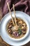 Portion of shiitake ginger soup on the wooden table