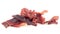 Portion of sliced and dried meat isolated on white background. Pile of pork jerky pieces