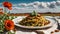 portion of tagliatelle rye and courgette with meat sauce in a white plate outdoors in front of a poppy field